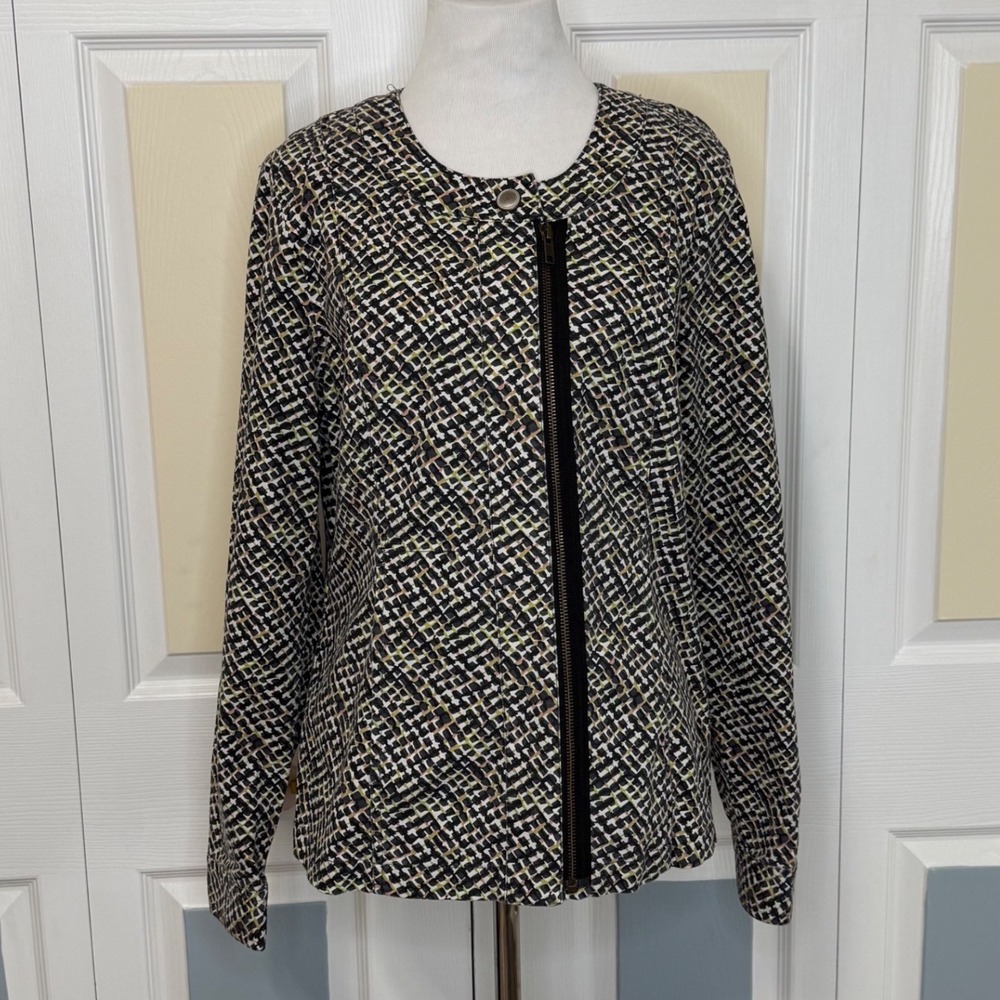 Cabi 5099 Cliffside Moto Jacket‎ Medium Black White Abstract Print Zipper Front